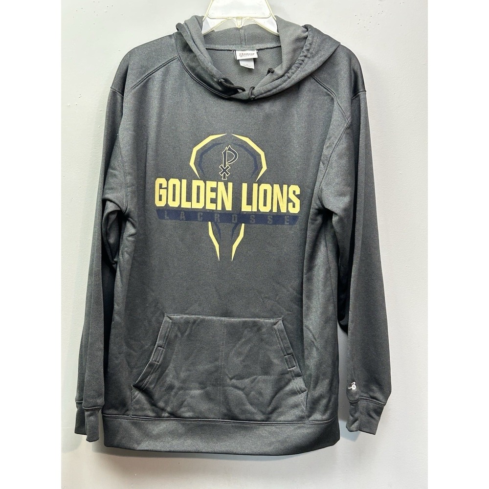 St Pius Hoodie Mens‎ Medium Gray Golden Lions Lacrosse Graphic Performance